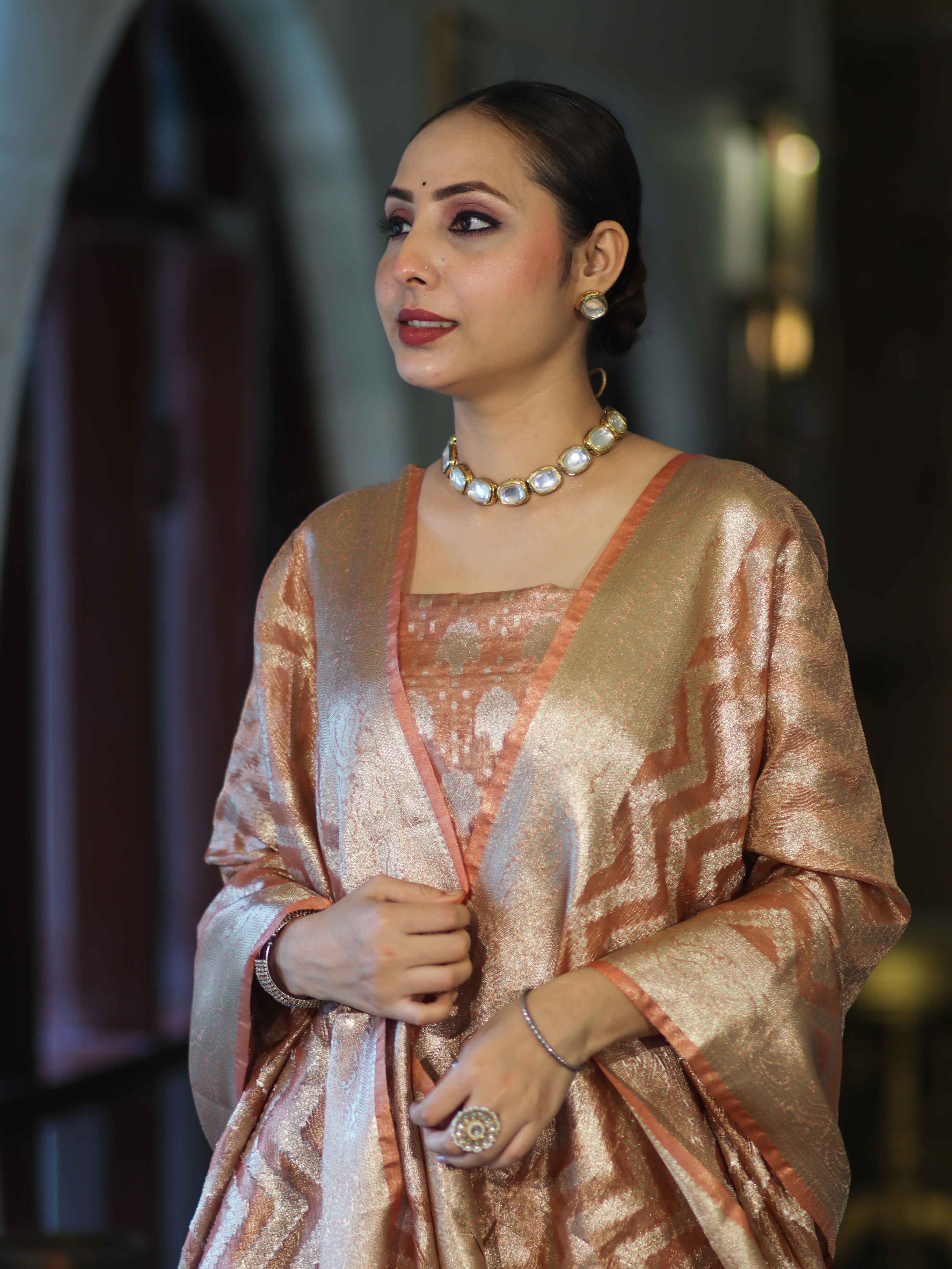 Banarasee Tissue Zari Work Salwar Kameez Fabric With Dupatta Set-Peach