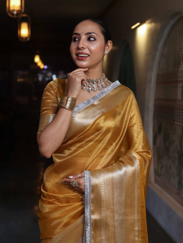 Banarasee Handwoven Plain Tissue Saree With Broad Zari Border & Lace-Golden Yellow