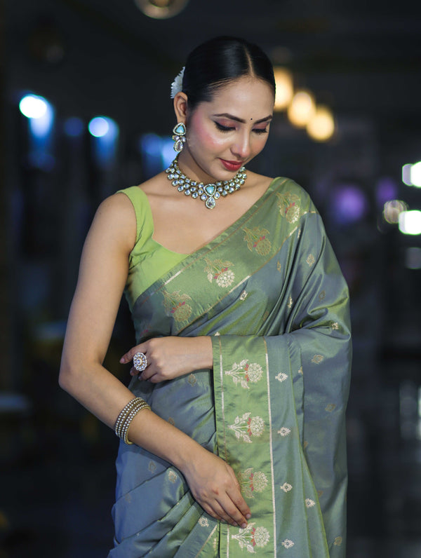 Banarasee Handloom Dual Tone Semi Silk Saree With Zari Buti Design & Border-Moss Green (Blue tone)