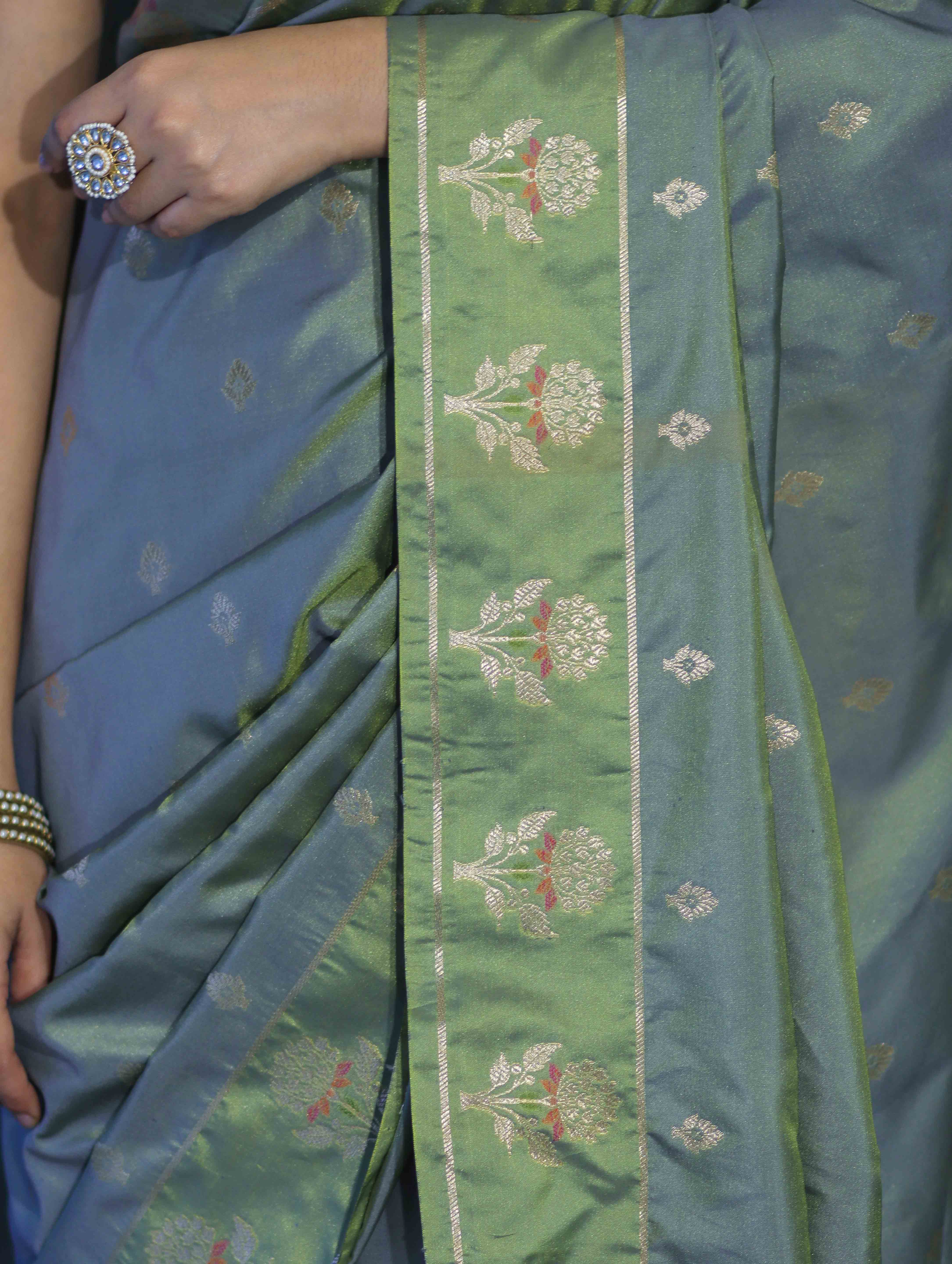 Banarasee Handloom Dual Tone Semi Silk Saree With Zari Buti Design & Border-Moss Green (Blue tone)