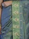 Banarasee Handloom Dual Tone Semi Silk Saree With Zari Buti Design & Border-Moss Green (Blue tone)