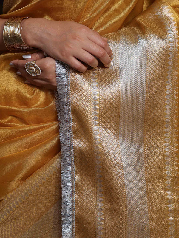Banarasee Handwoven Plain Tissue Saree With Broad Zari Border & Lace-Golden Yellow