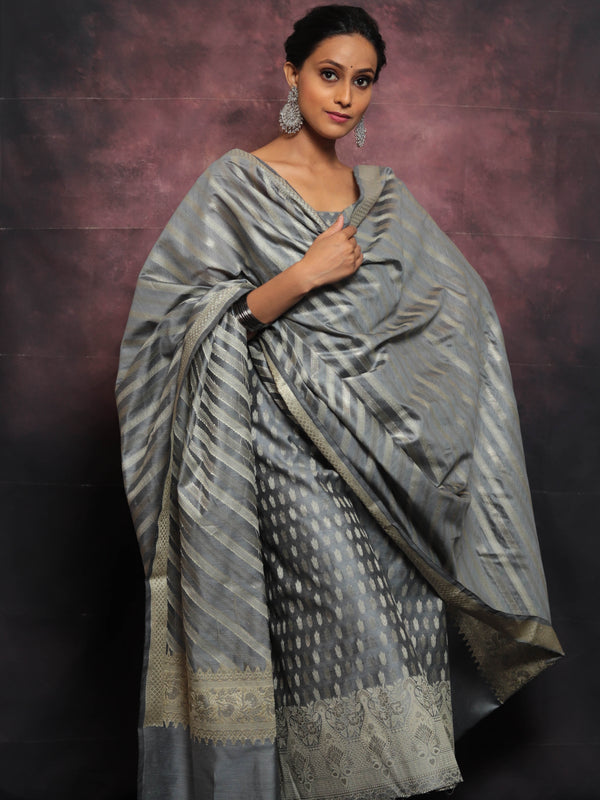 Banarasee Salwar Kameez Cotton Silk Resham & Zari Buti Woven Fabric With Dupatta-Grey