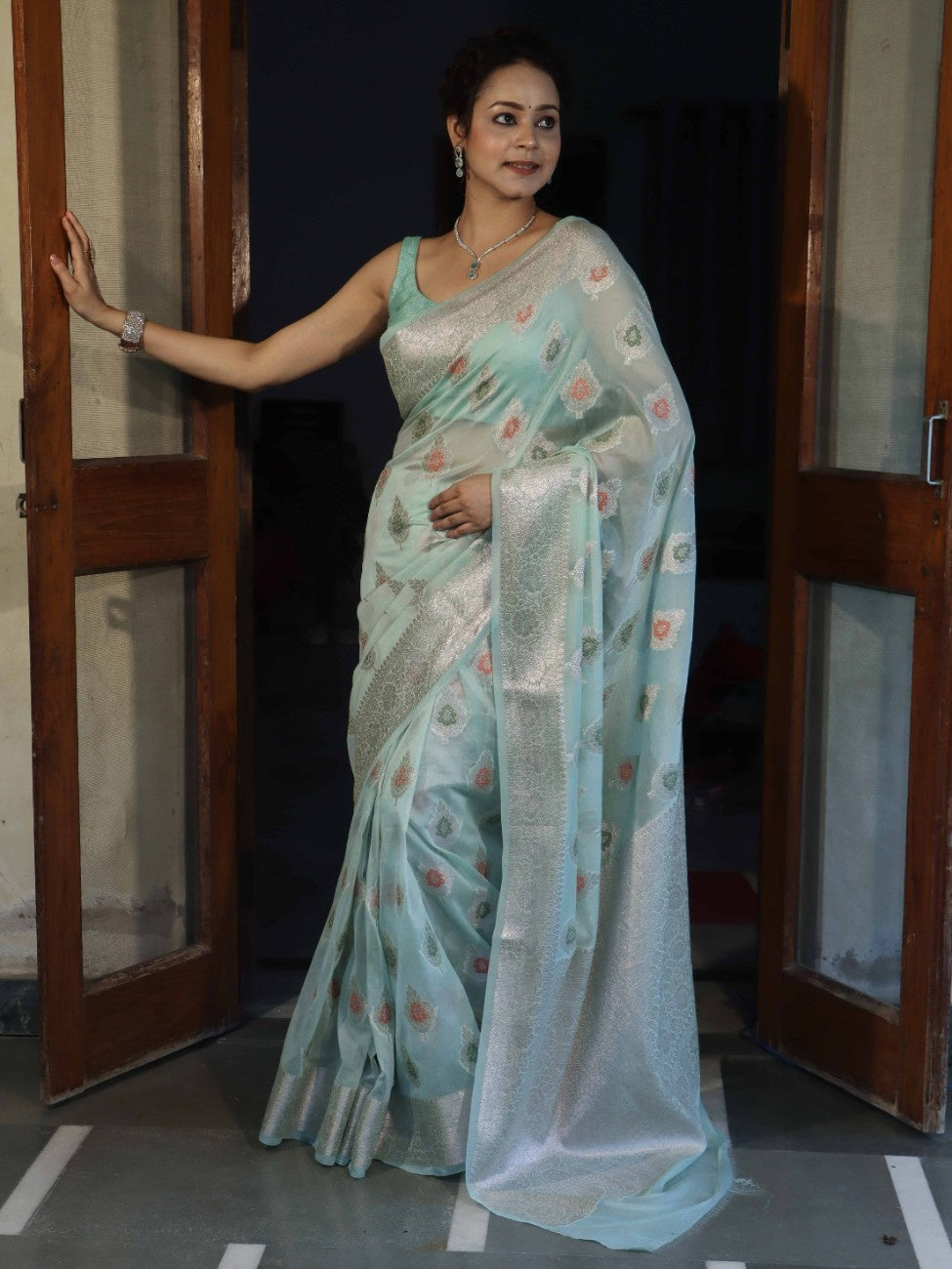 Banarasee Semi Georgette Saree With Resham Buta Design & Border-Mint Green