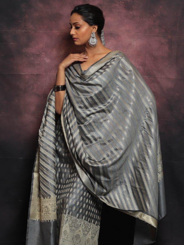 Banarasee Salwar Kameez Cotton Silk Resham & Zari Buti Woven Fabric With Dupatta-Grey