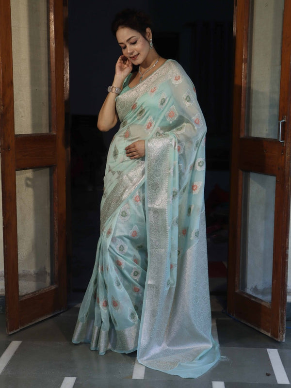 Banarasee Semi Georgette Saree With Resham Buta Design & Border-Mint Green