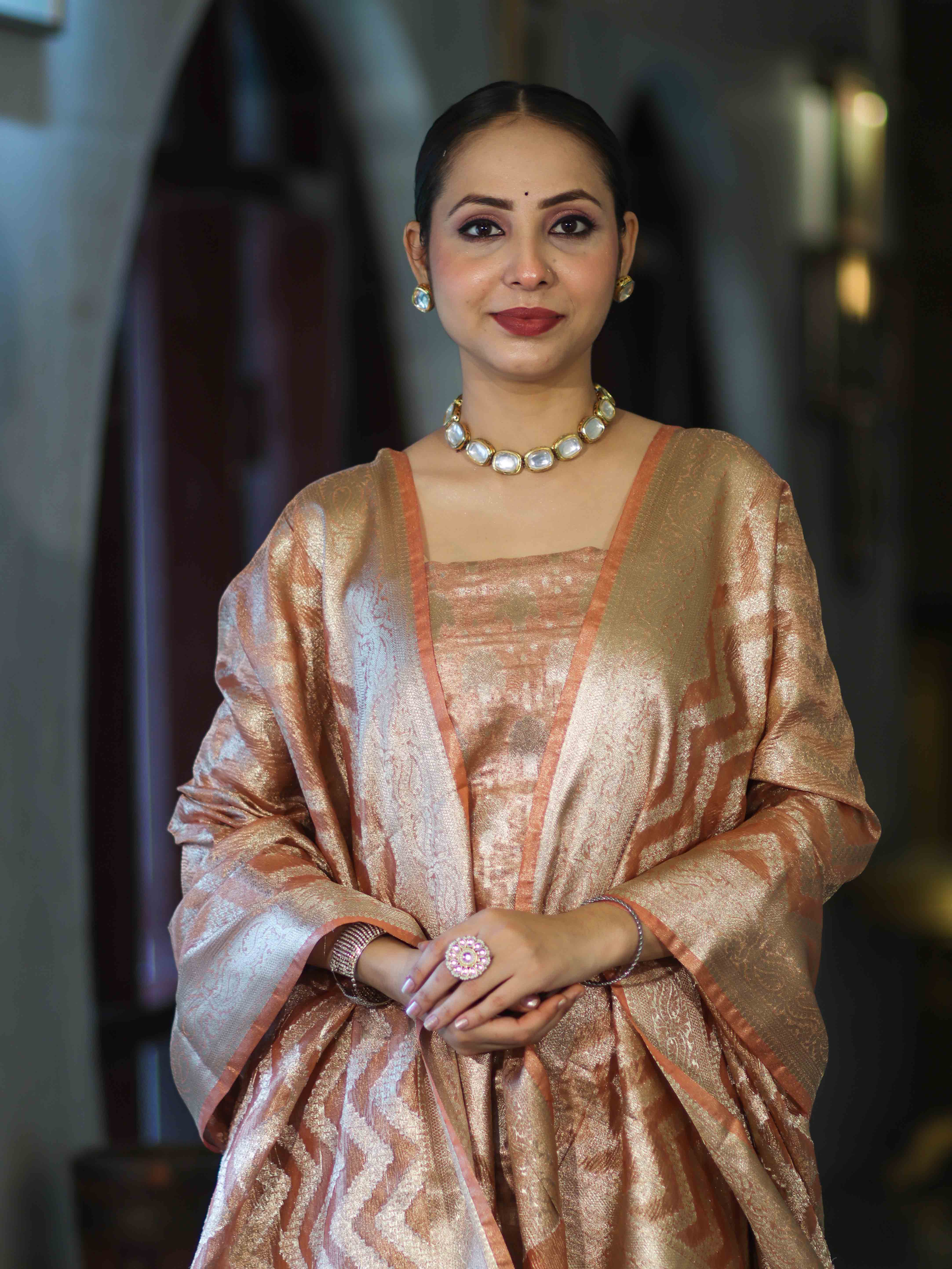 Banarasee Tissue Zari Work Salwar Kameez Fabric With Dupatta Set-Peach