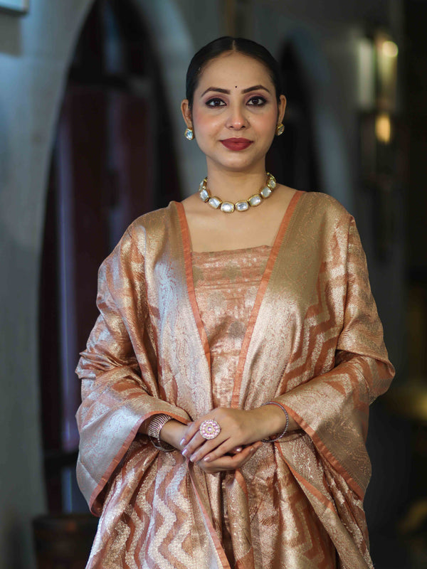 Banarasee Tissue Zari Work Salwar Kameez Fabric With Dupatta Set-Peach
