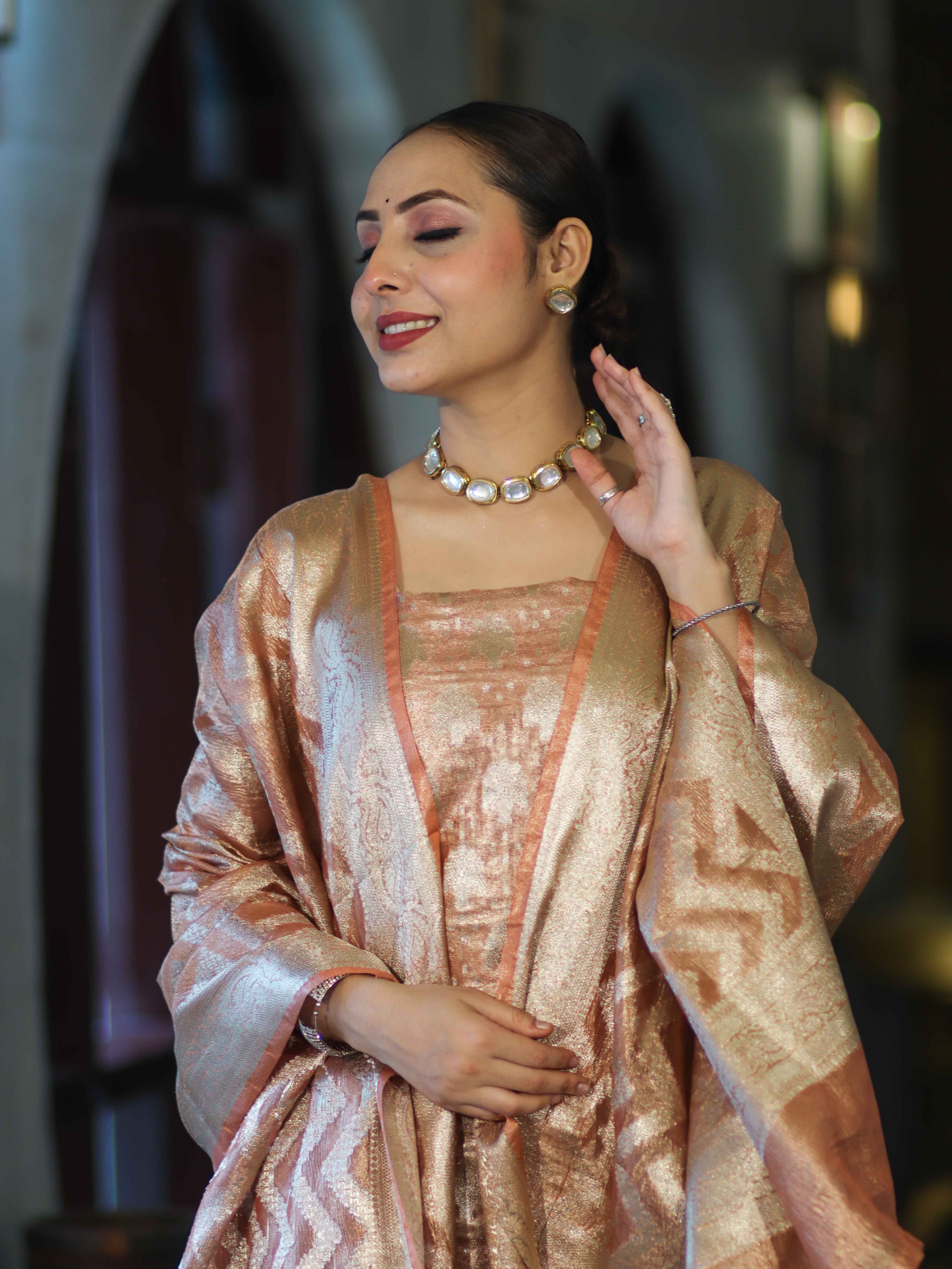 Banarasee Tissue Zari Work Salwar Kameez Fabric With Dupatta Set-Peach