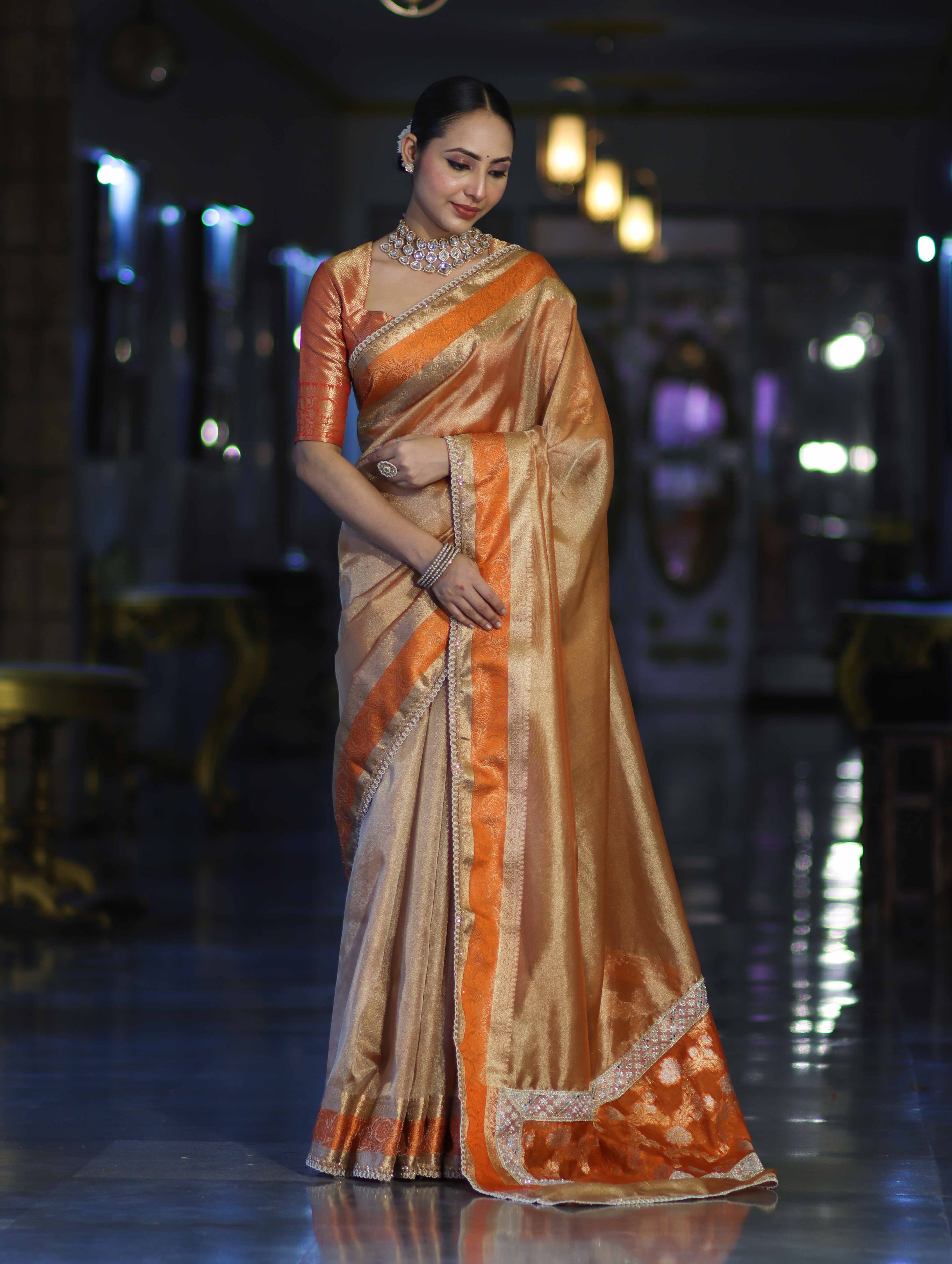 Banarasee Handloom Plain Tissue Saree With Zari Resham Woven Border & Lace-Orange
