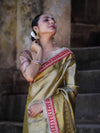 Banarasee Handloom Tissue Saree With Zari Woven Design Border & Contrast Lace-Moss Green (Gold Tone)