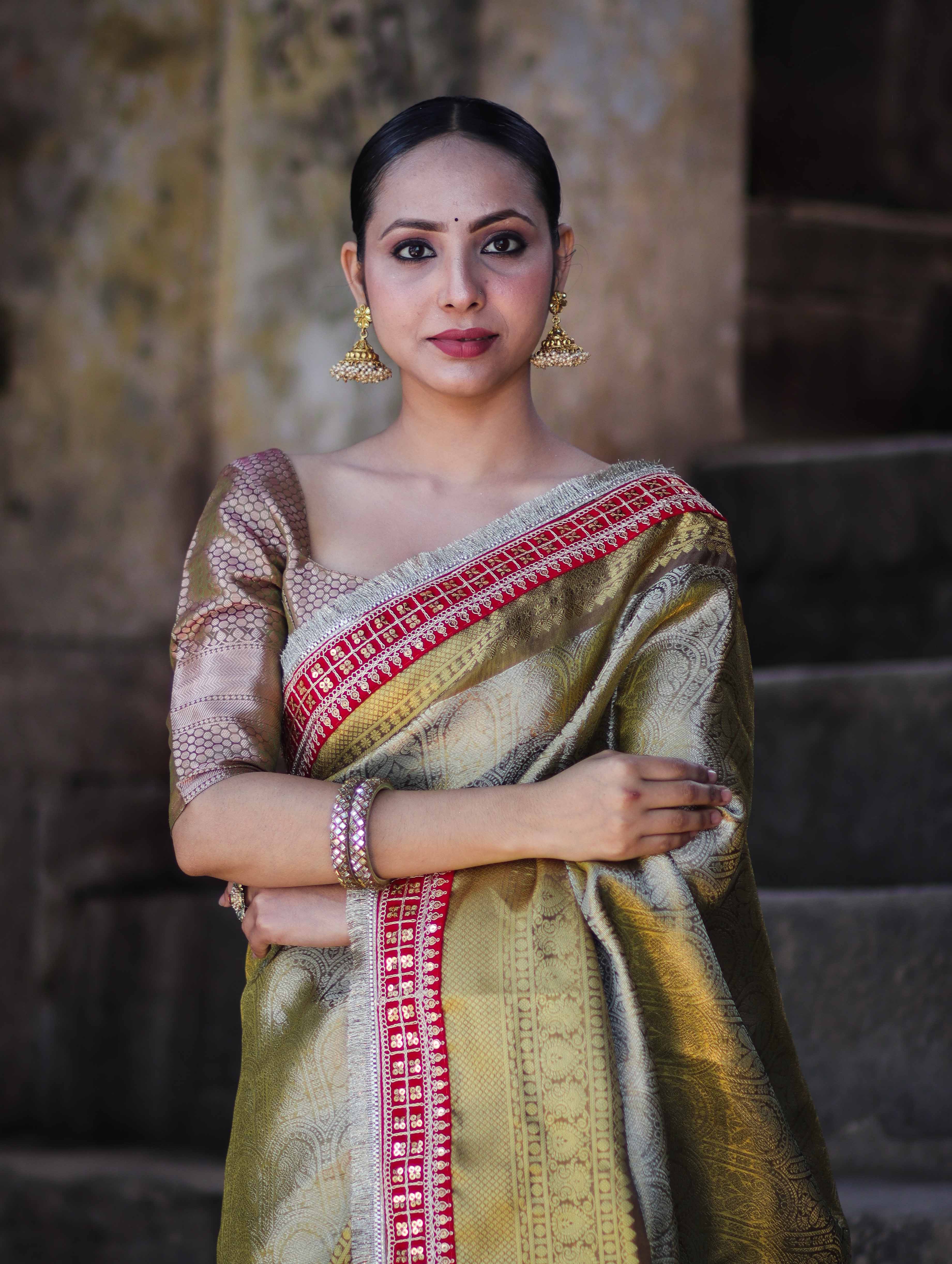 Banarasee Handloom Tissue Saree With Zari Woven Design Border & Contrast Lace-Moss Green (Gold Tone)