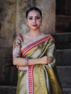 Banarasee Handloom Tissue Saree With Zari Woven Design Border & Contrast Lace-Moss Green (Gold Tone)