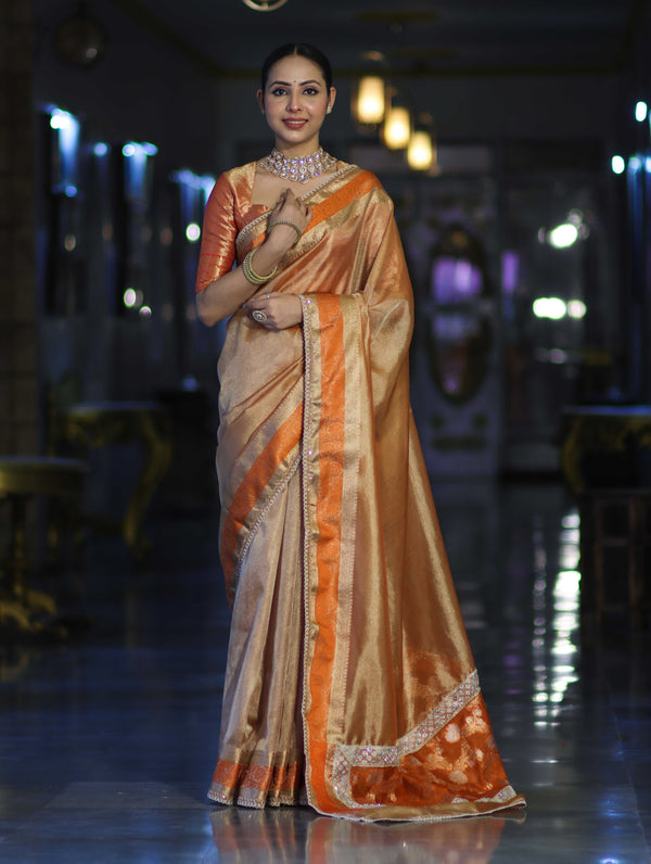 Banarasee Handloom Plain Tissue Saree With Zari Resham Woven Border & Lace-Orange
