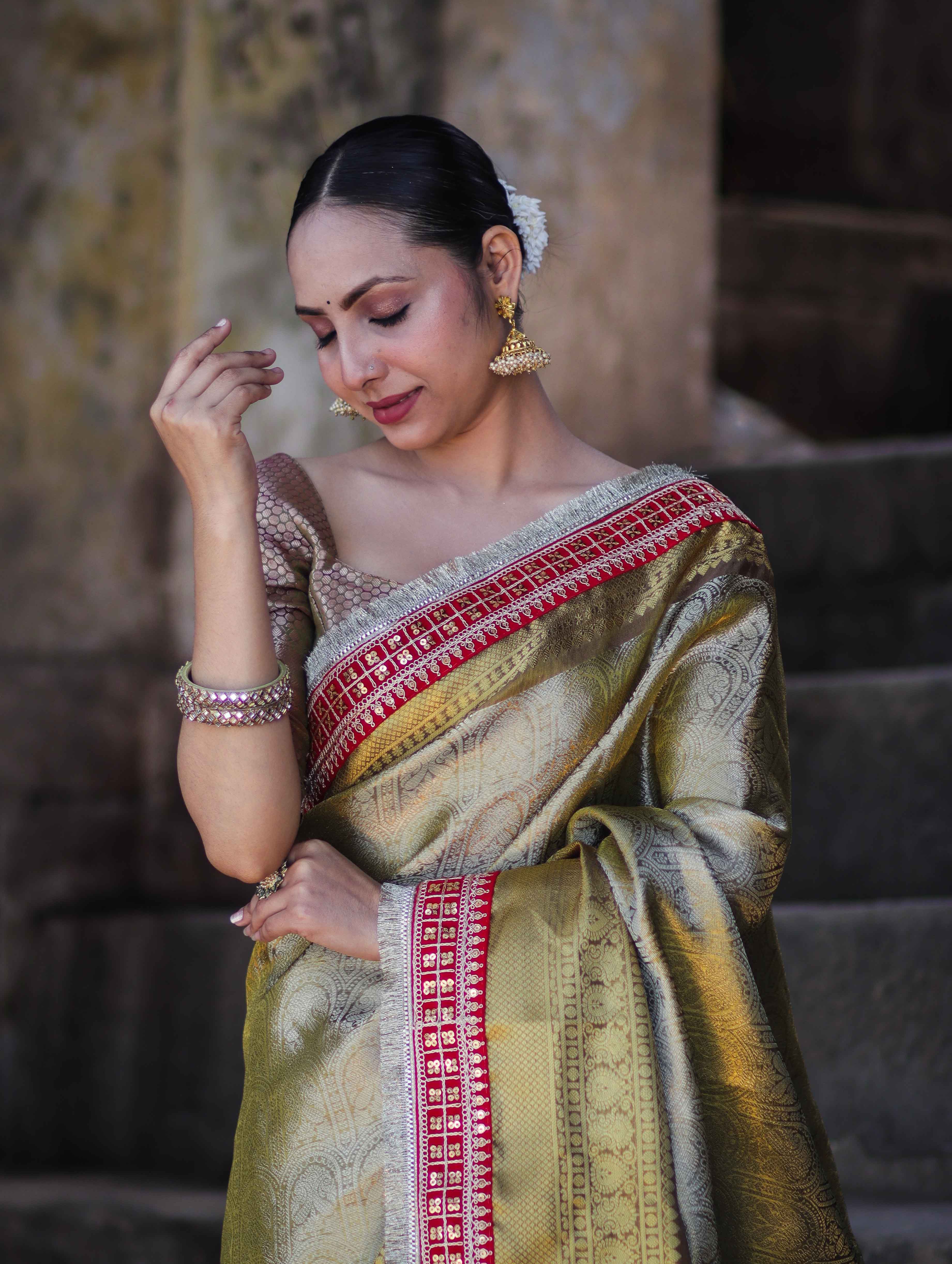 Banarasee Handloom Tissue Saree With Zari Woven Design Border & Contrast Lace-Moss Green (Gold Tone)