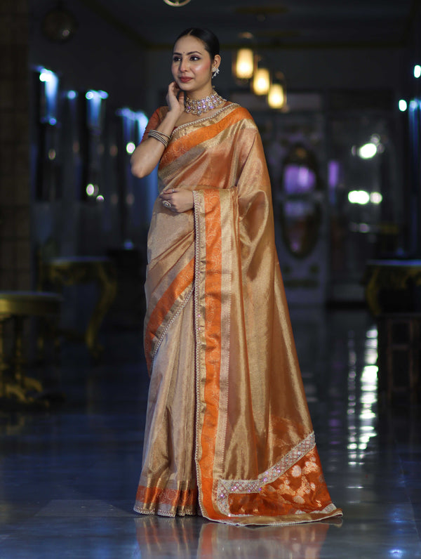 Banarasee Handloom Plain Tissue Saree With Zari Resham Woven Border & Lace-Orange