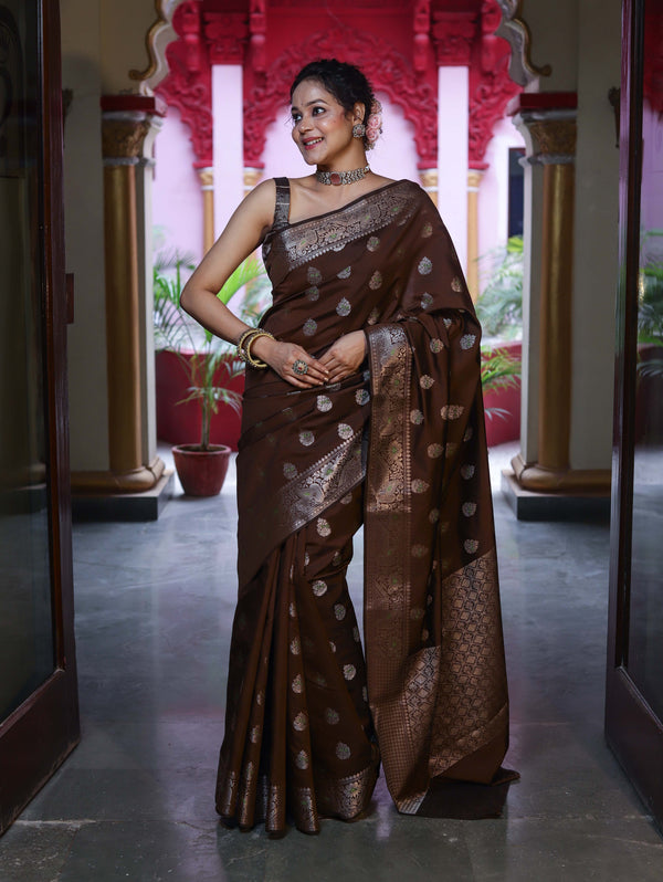Banarasee Handloom Semi Silk Saree With Zari Buta Design & Border-Brown