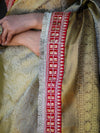 Banarasee Handloom Tissue Saree With Zari Woven Design Border & Contrast Lace-Moss Green (Gold Tone)
