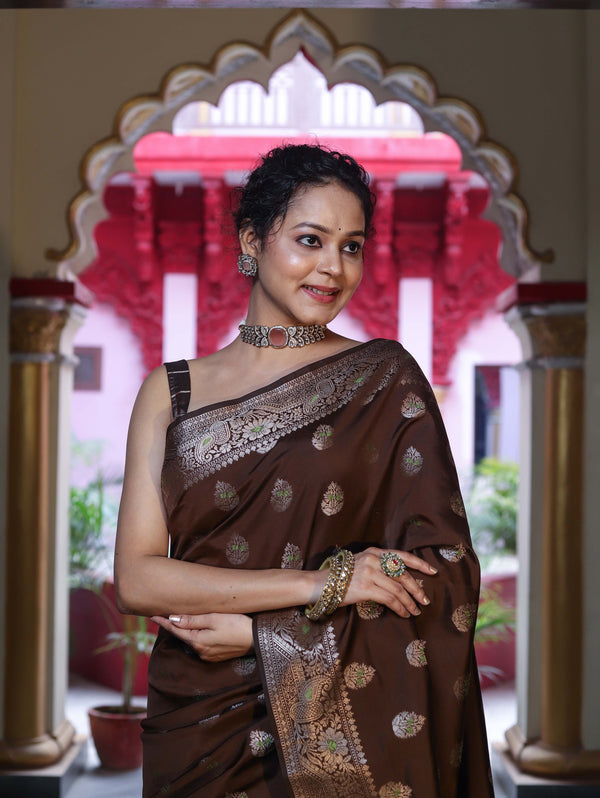 Banarasee Handloom Semi Silk Saree With Zari Buta Design & Border-Brown