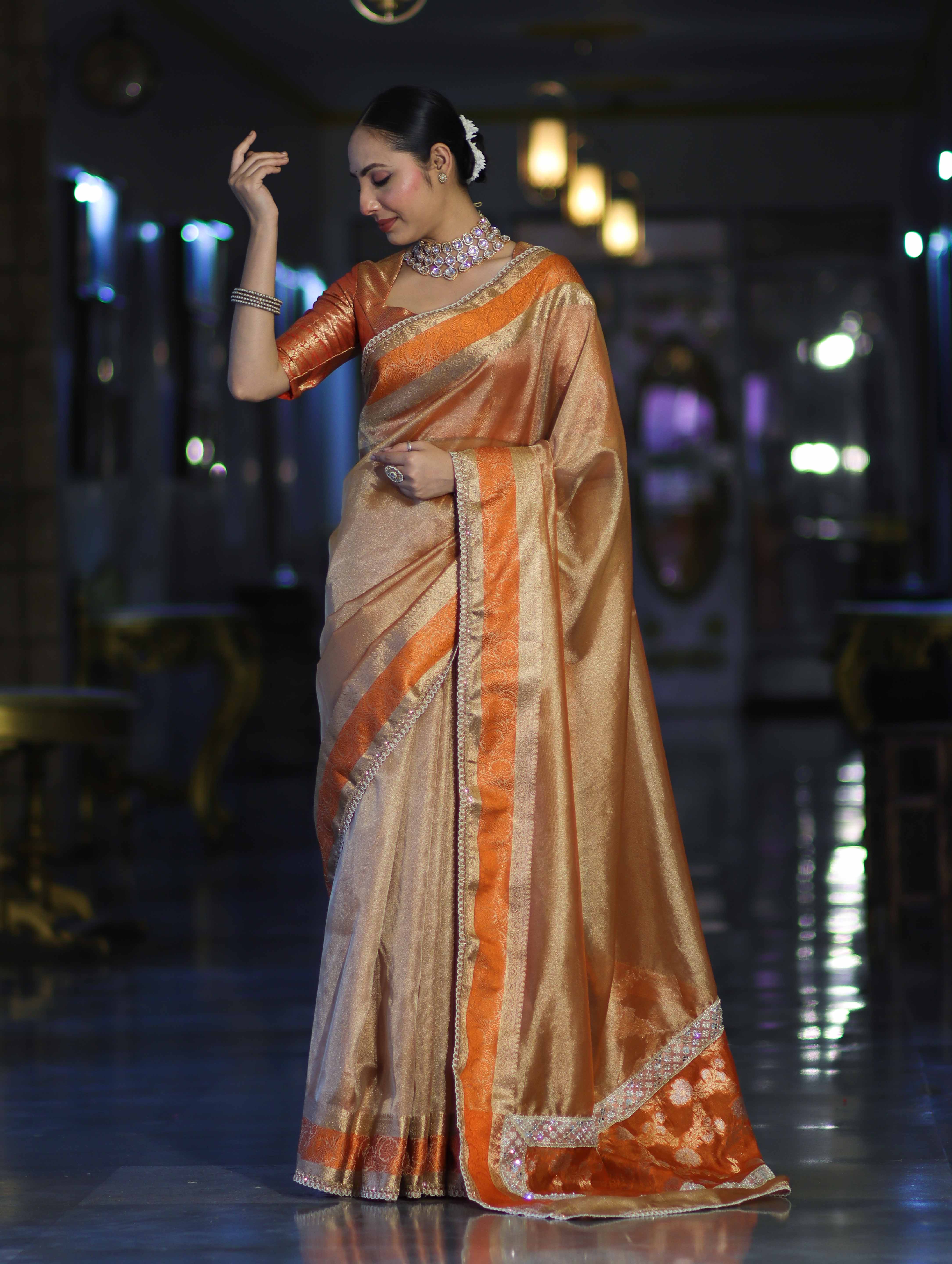 Banarasee Handloom Plain Tissue Saree With Zari Resham Woven Border & Lace-Orange
