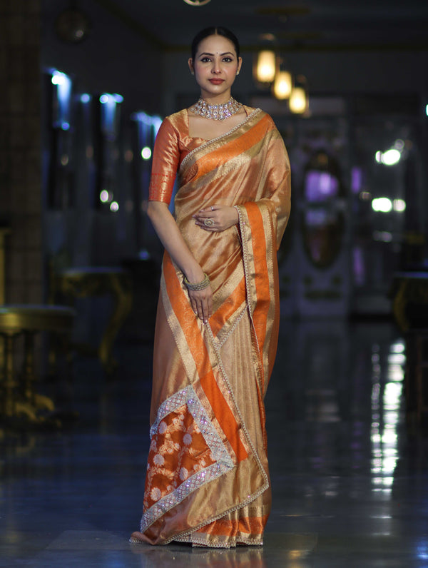 Banarasee Handloom Plain Tissue Saree With Zari Resham Woven Border & Lace-Orange