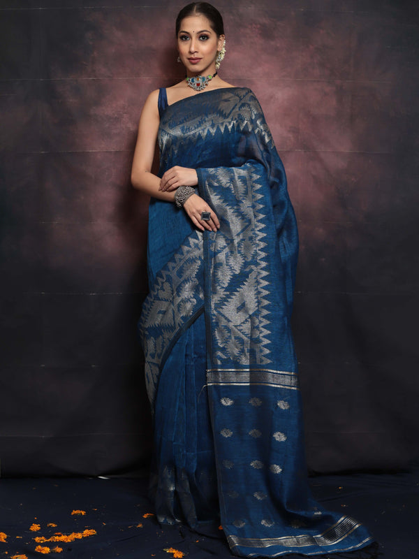 Handwoven Pure Linen Saree With Jamdani Weaving-Cobalt Blue