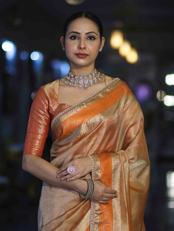 Banarasee Handloom Plain Tissue Saree With Zari Resham Woven Border & Lace-Orange