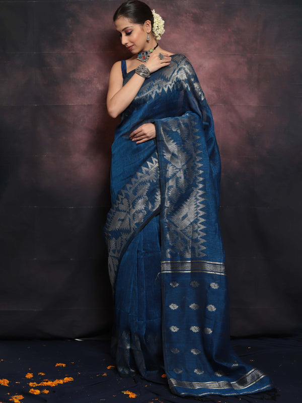 Handwoven Pure Linen Saree With Jamdani Weaving-Cobalt Blue