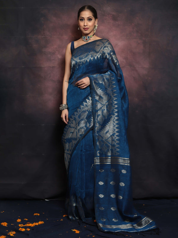 Handwoven Pure Linen Saree With Jamdani Weaving-Cobalt Blue