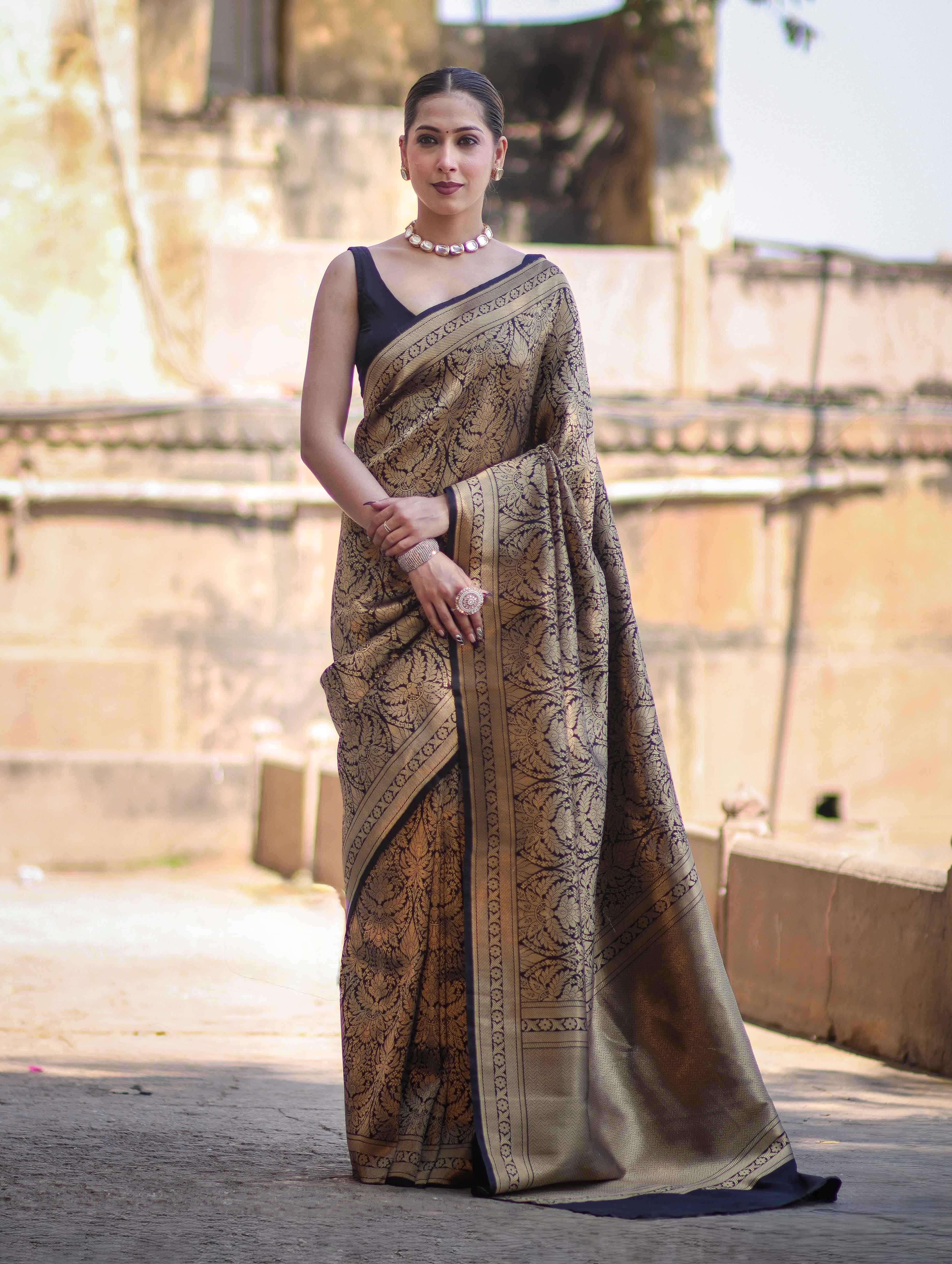 Banarasee Handloom Semi Katan Saree With Gold Zari Woven Design-Black