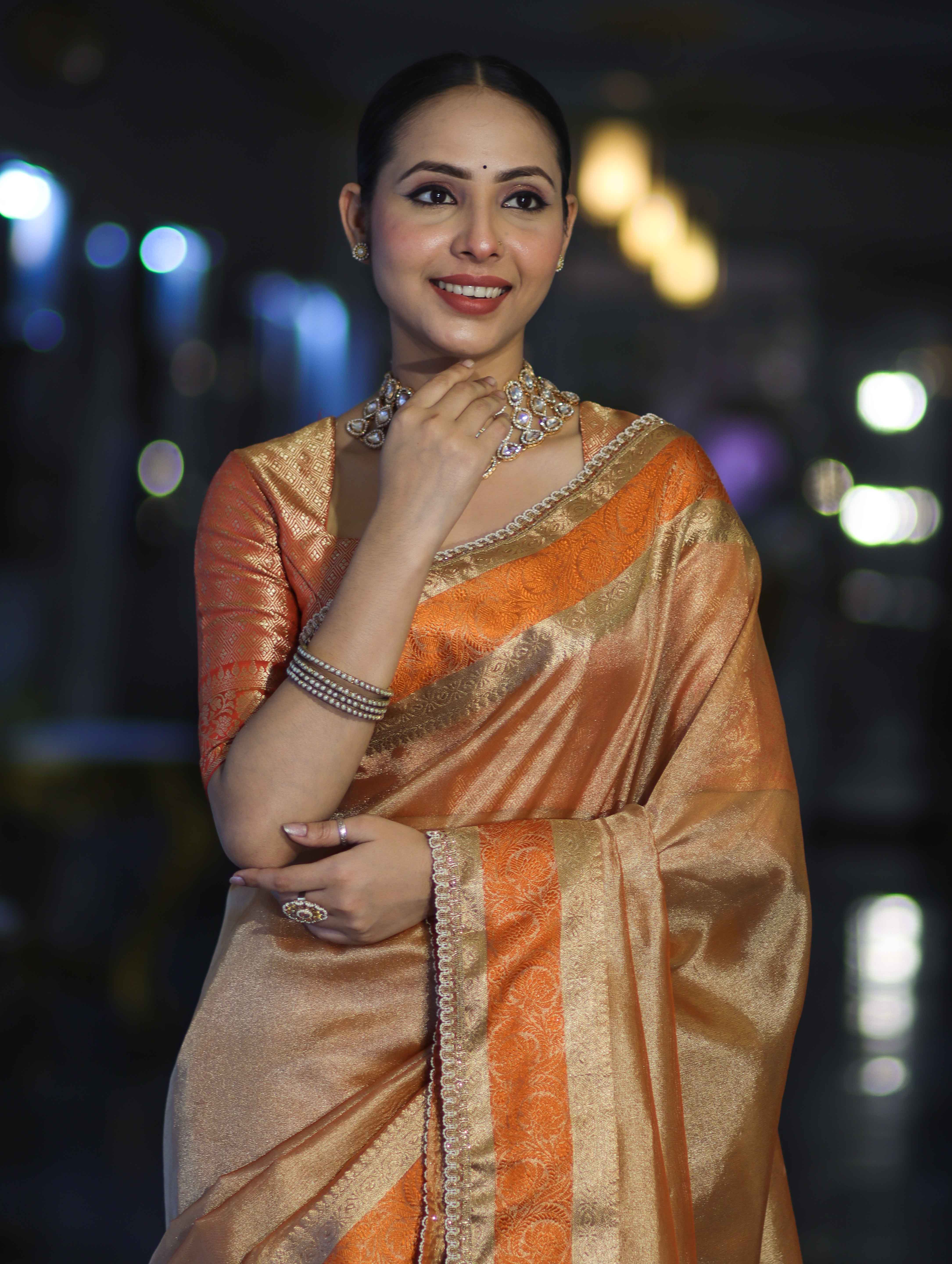 Banarasee Handloom Plain Tissue Saree With Zari Resham Woven Border & Lace-Orange
