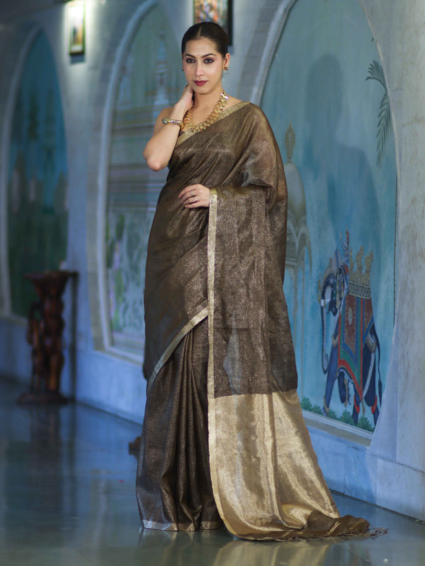 Bhagalpur Handloom Linen Tissue Metallic Shine Saree-Earthy Brown