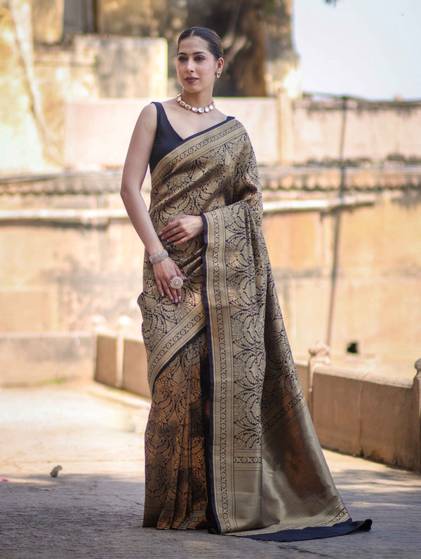 Banarasee Handloom Semi Katan Saree With Gold Zari Woven Design-Black