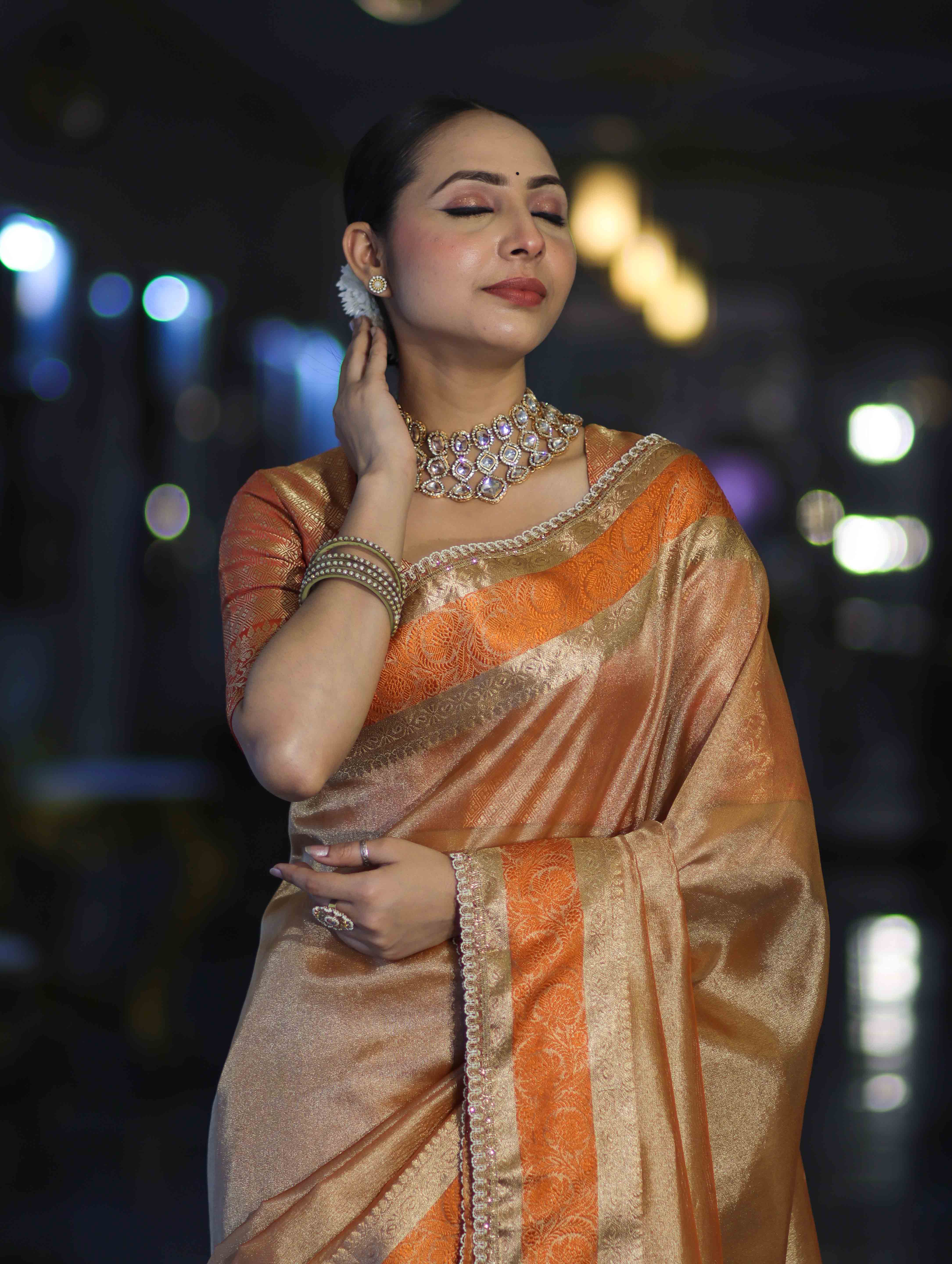Banarasee Handloom Plain Tissue Saree With Zari Resham Woven Border & Lace-Orange