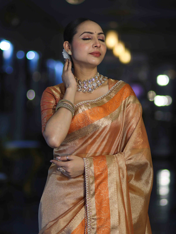 Banarasee Handloom Plain Tissue Saree With Zari Resham Woven Border & Lace-Orange