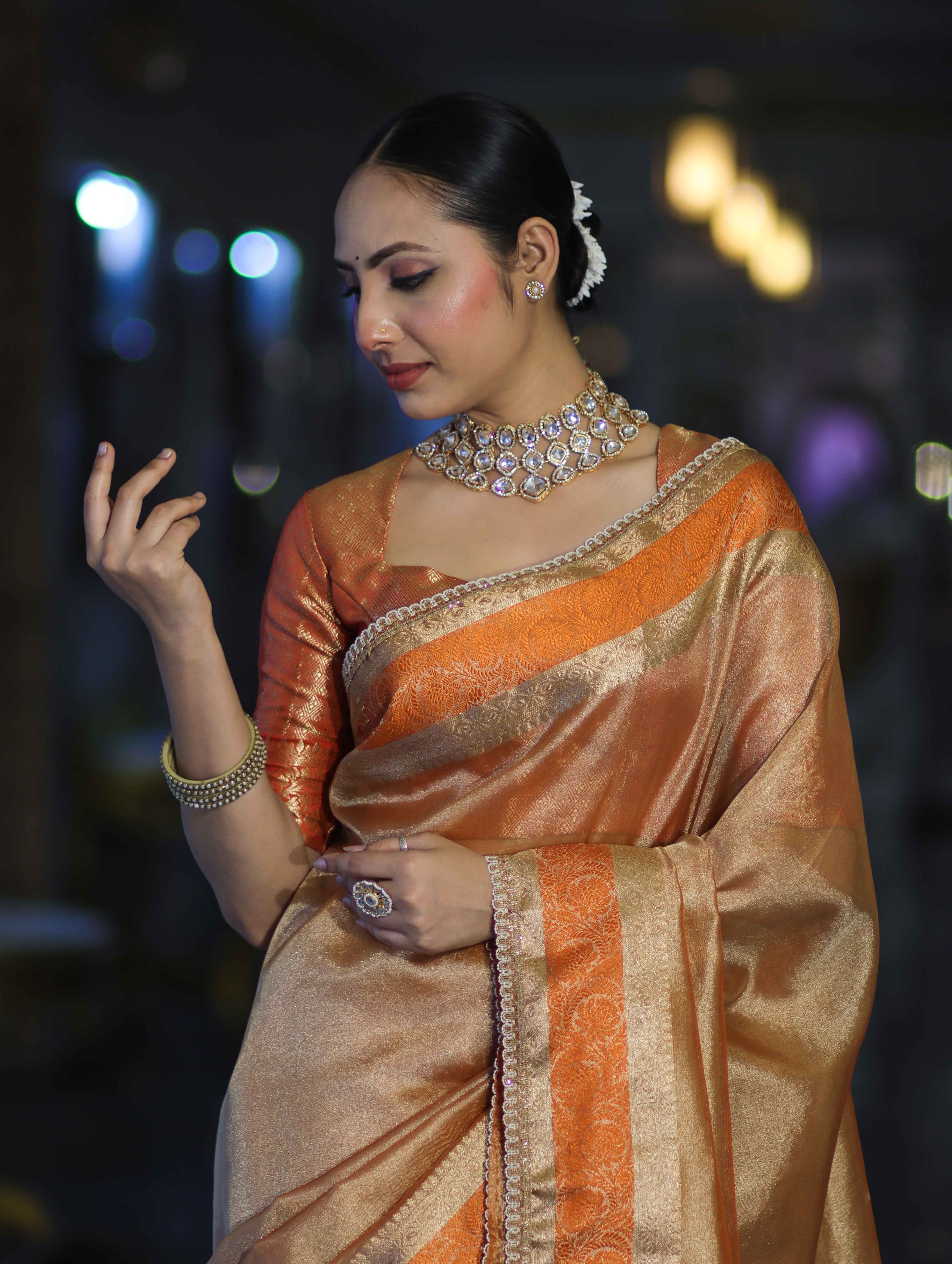 Banarasee Handloom Plain Tissue Saree With Zari Resham Woven Border & Lace-Orange