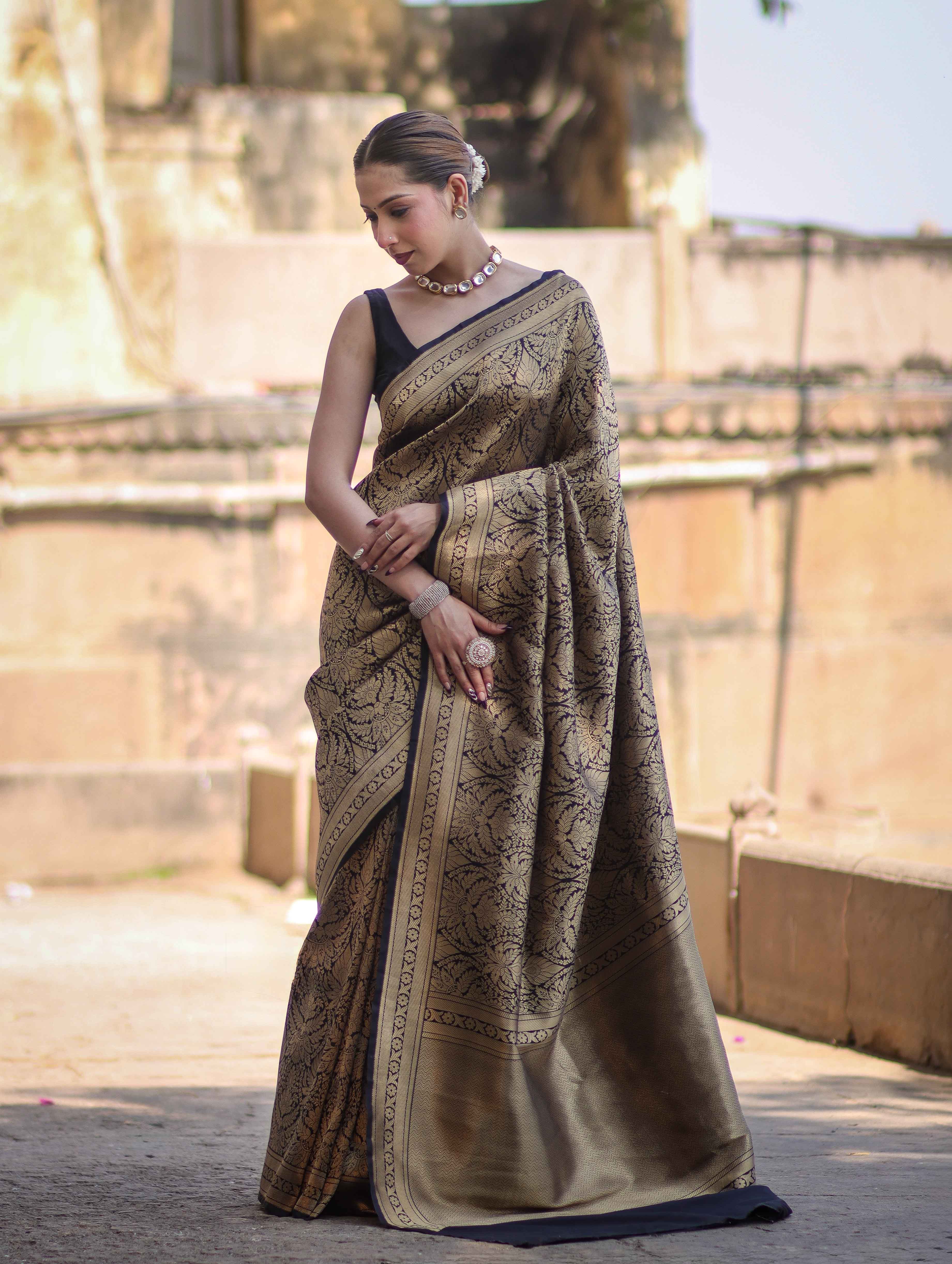 Banarasee Handloom Semi Katan Saree With Gold Zari Woven Design-Black