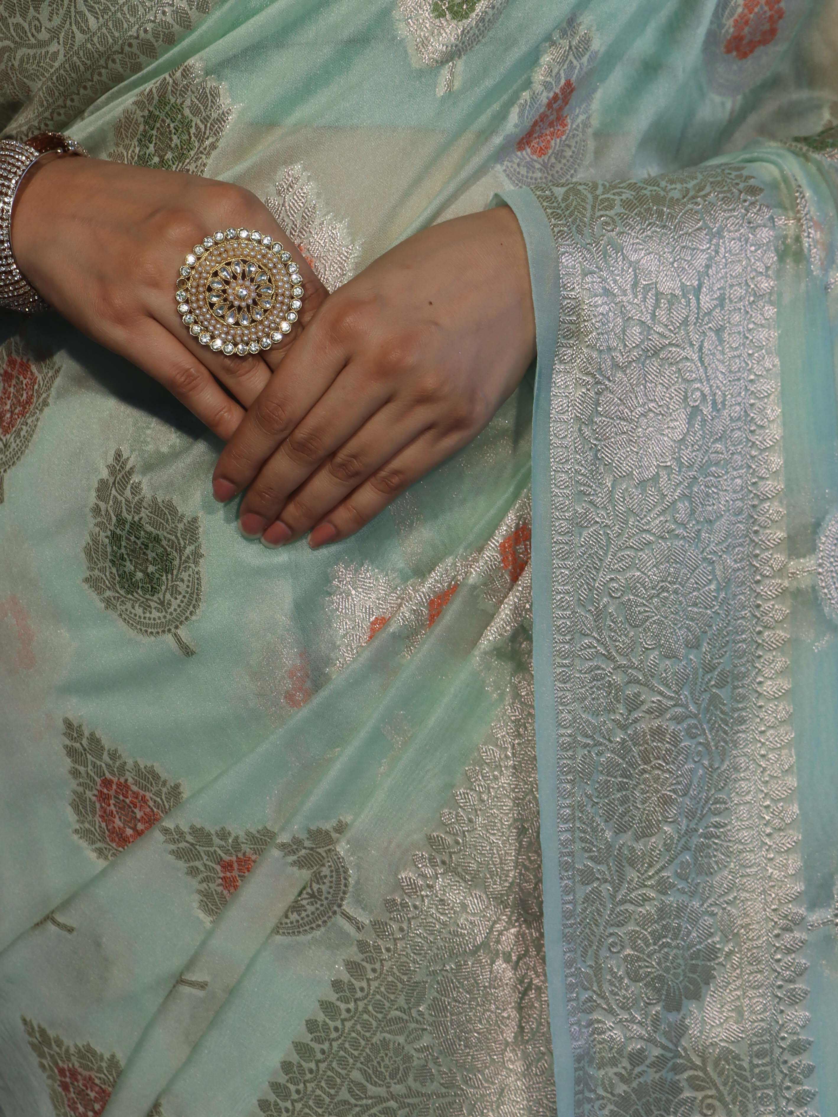 Banarasee Semi Georgette Saree With Resham Buta Design & Border-Mint Green
