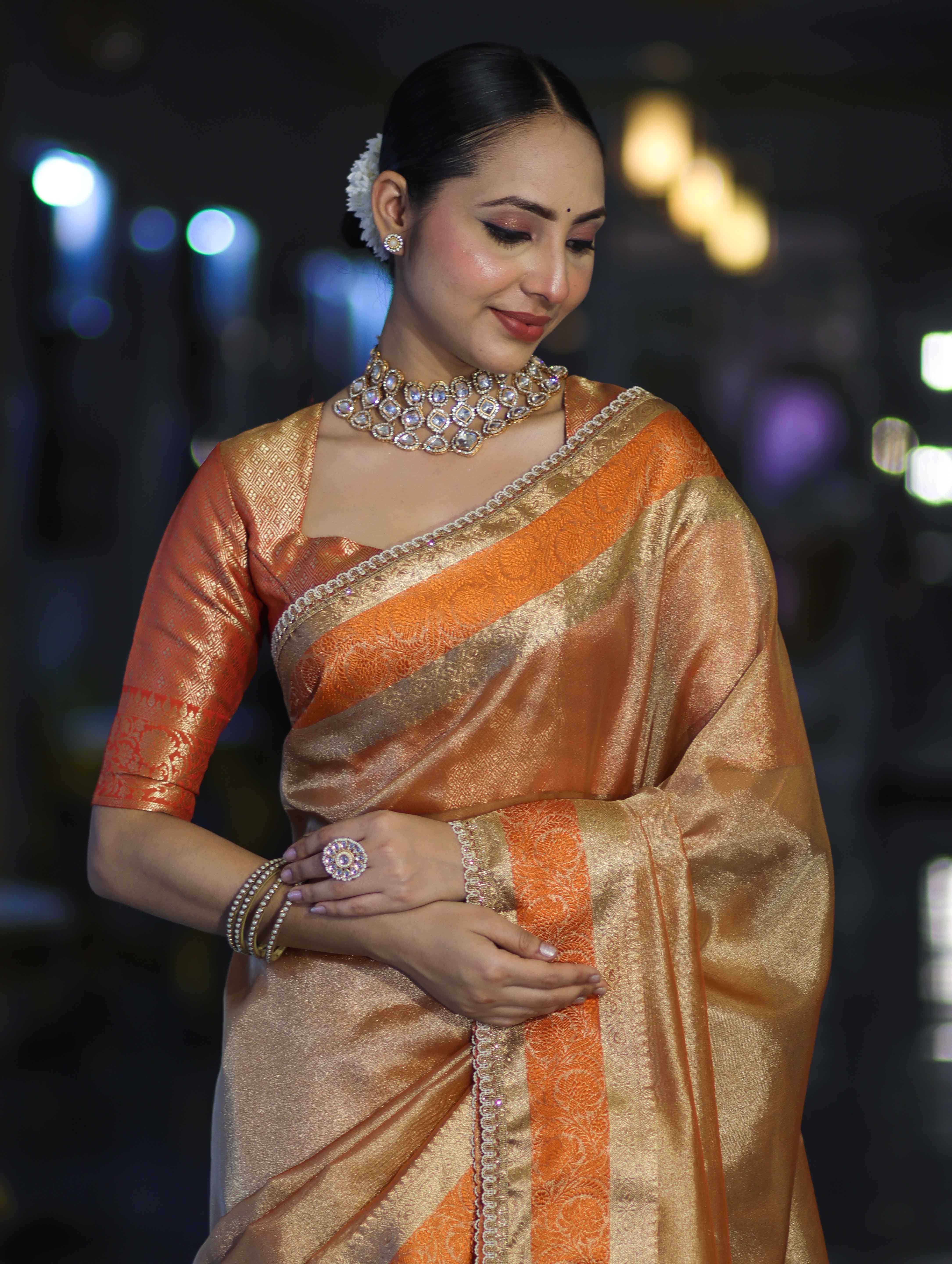 Banarasee Handloom Plain Tissue Saree With Zari Resham Woven Border & Lace-Orange