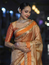 Banarasee Handloom Plain Tissue Saree With Zari Resham Woven Border & Lace-Orange