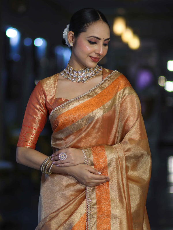 Banarasee Handloom Plain Tissue Saree With Zari Resham Woven Border & Lace-Orange