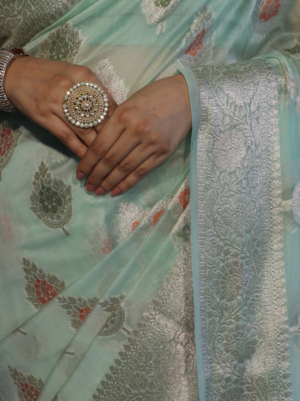 Banarasee Semi Georgette Saree With Resham Buta Design & Border-Mint Green