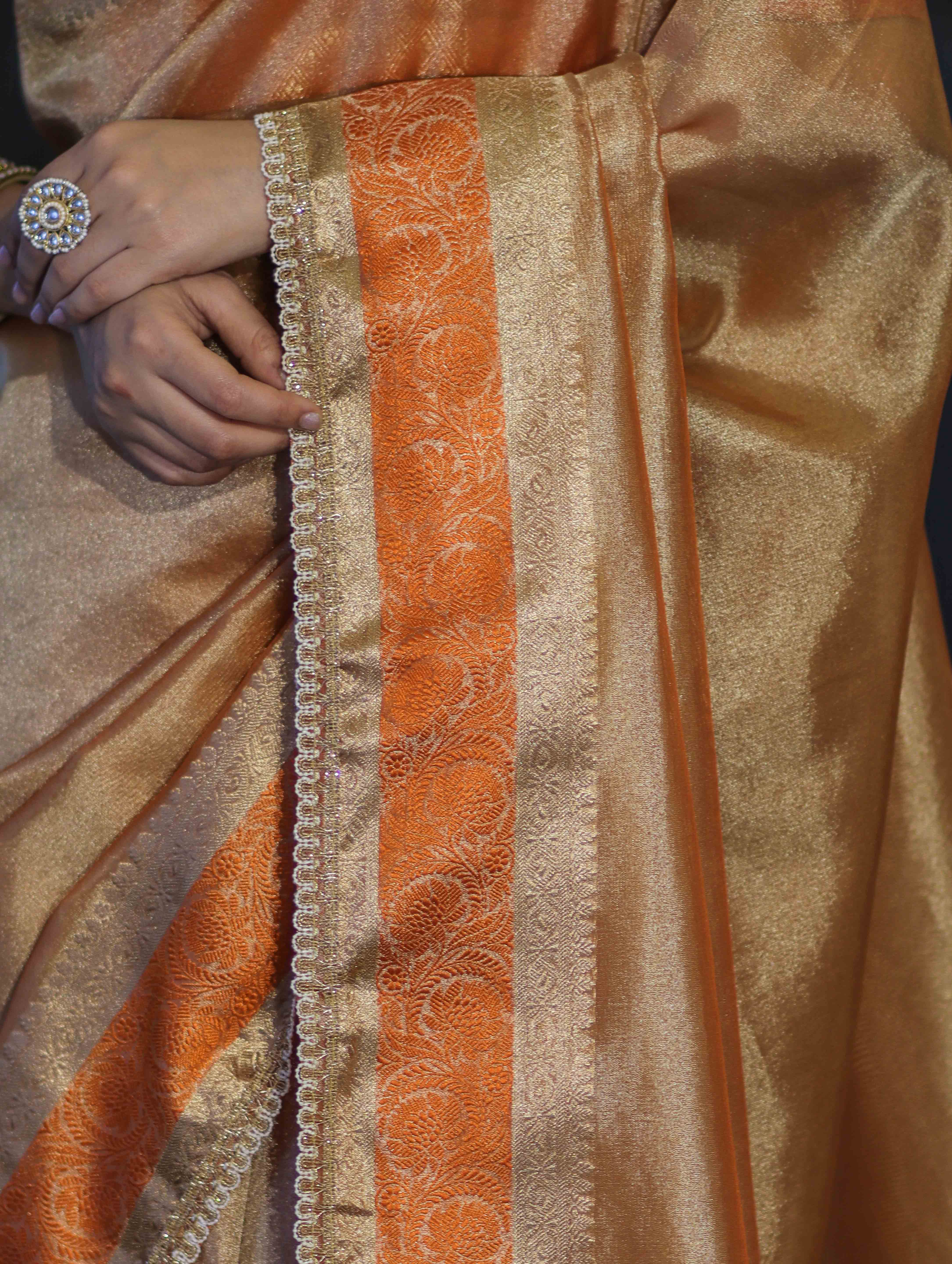 Banarasee Handloom Plain Tissue Saree With Zari Resham Woven Border & Lace-Orange