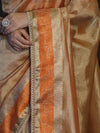 Banarasee Handloom Plain Tissue Saree With Zari Resham Woven Border & Lace-Orange