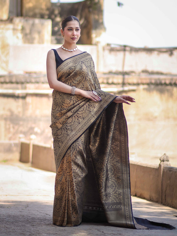 Banarasee Handloom Semi Katan Saree With Gold Zari Woven Design-Black