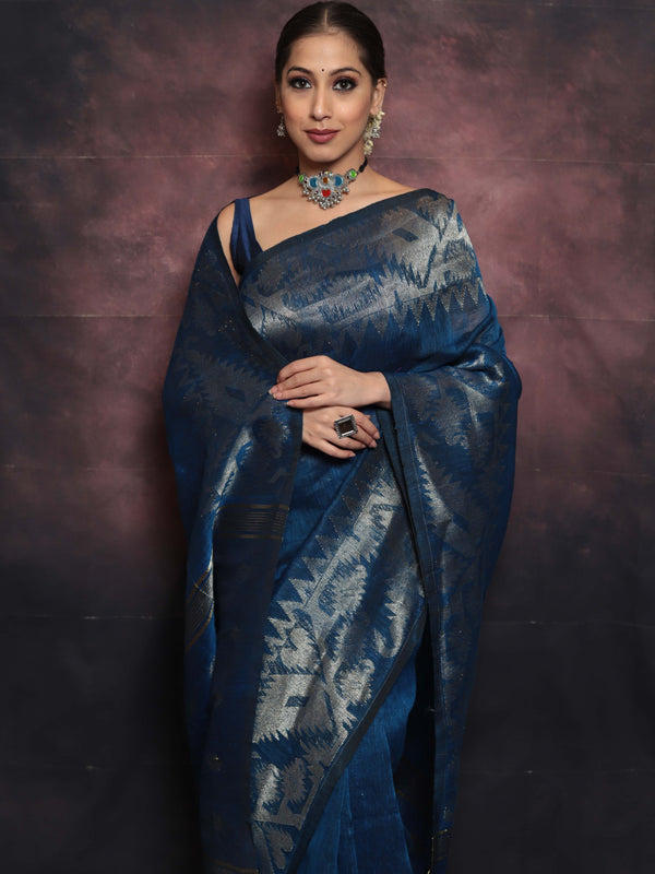 Handwoven Pure Linen Saree With Jamdani Weaving-Cobalt Blue