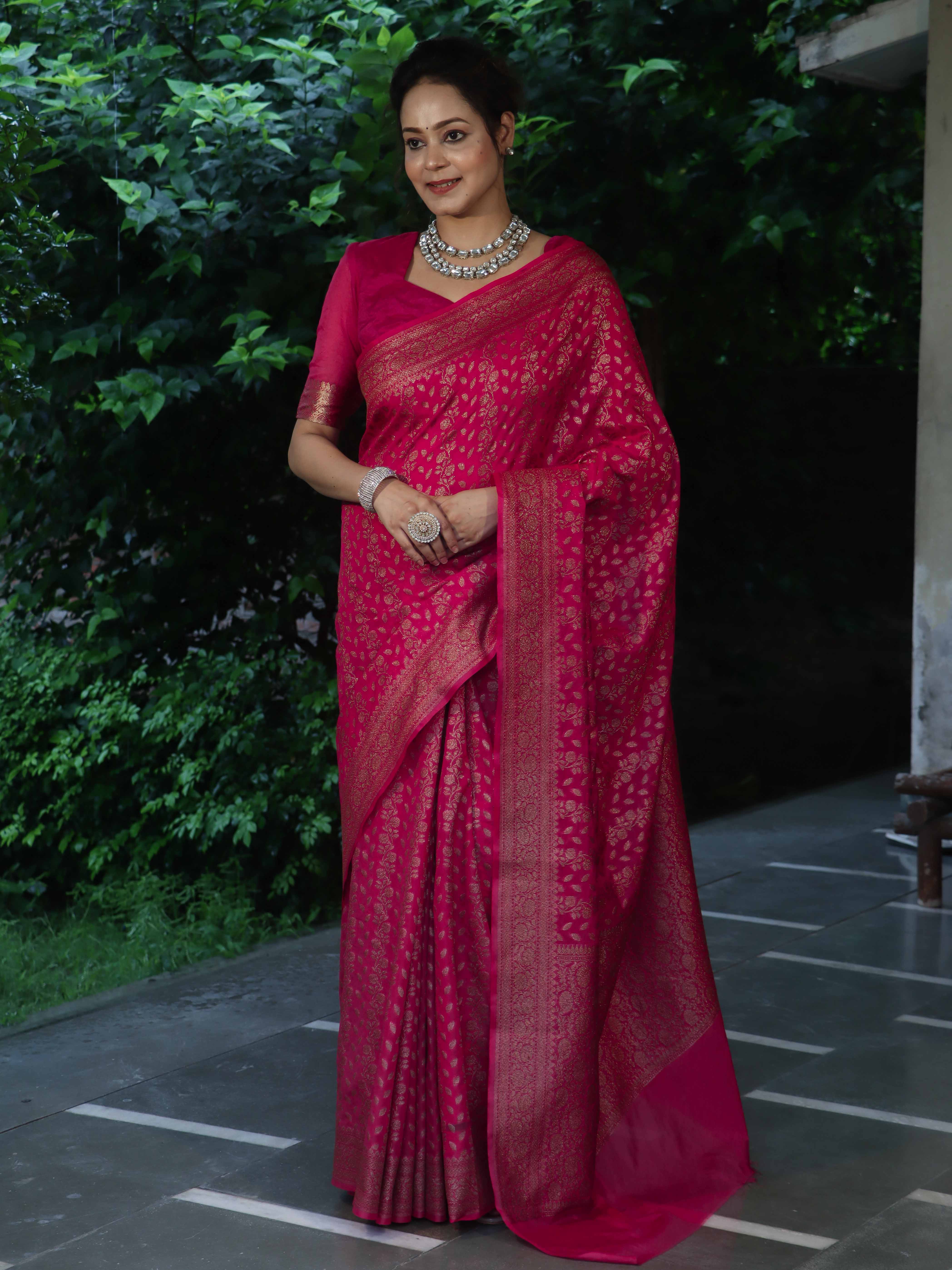 Banarasee Semi-Chiffon Antique Zari Saree With Floral Border-Hot Pink