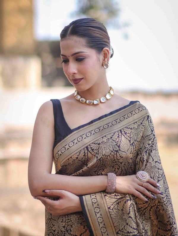 Banarasee Handloom Semi Katan Saree With Gold Zari Woven Design-Black