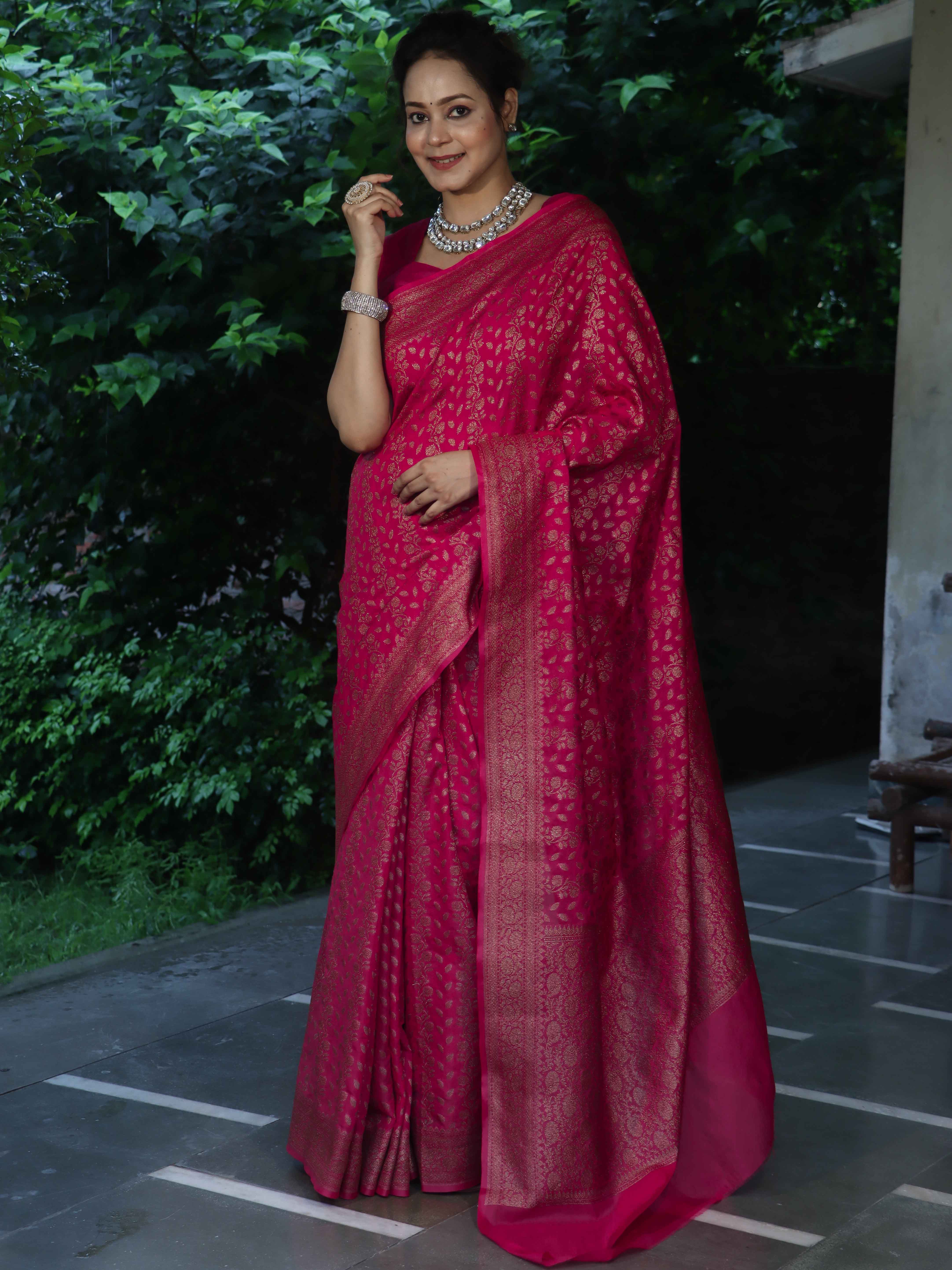 Banarasee Semi-Chiffon Antique Zari Saree With Floral Border-Hot Pink