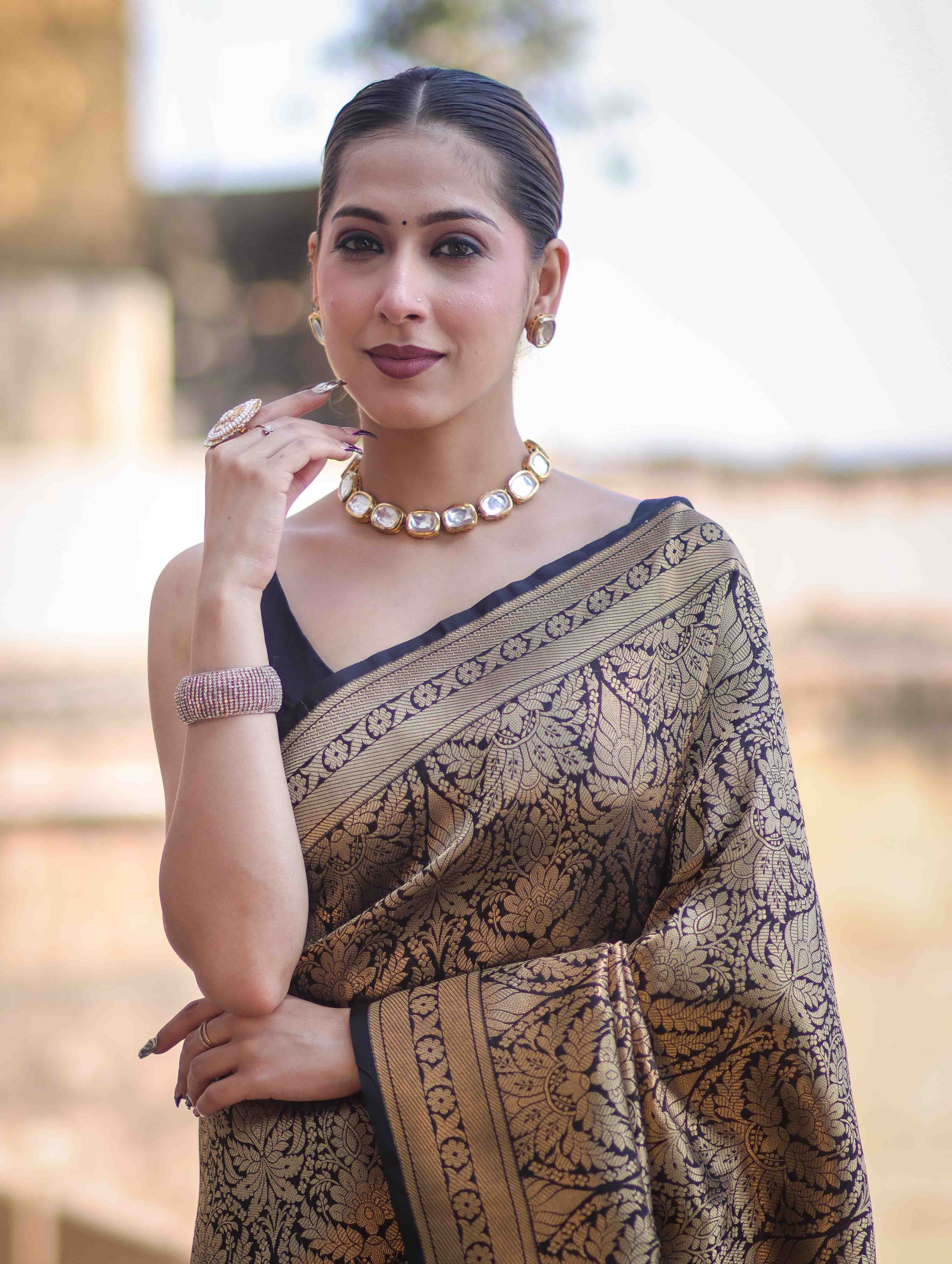 Banarasee Handloom Semi Katan Saree With Gold Zari Woven Design-Black
